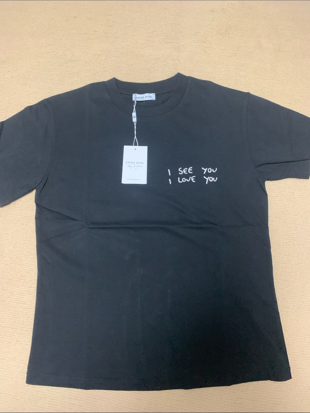 Anine Bing Black Short Sleeve Crewneck Tee with White Handwritten Chest Graphic